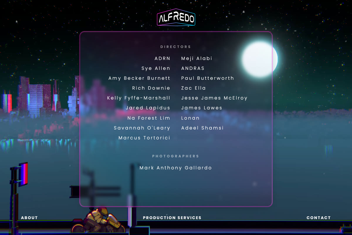 ALFREDO — the roster, and a director's reel playing behind it